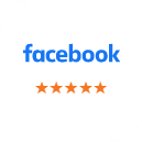 Facebook logo with five orange stars below it, indicating a positive customer review rating.