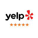 Yelp logo with five orange stars indicating excellent customer rating for Safari Smiles Children's Dentistry